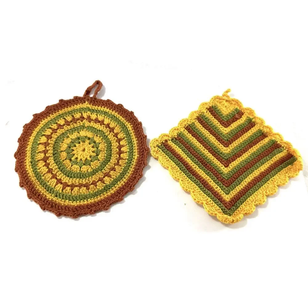 Vintage Hand Crocheted Potholder Set Round Square Yellow Green Brown Cotton 2 Pc